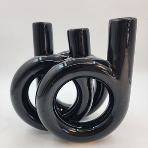 Ikebana Modernist Toyo 3 Ring Triple Tube Pottery Vase Black Japan MCM Coil Vtg